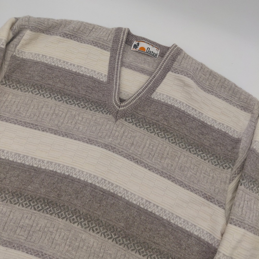 Vintage Oster Angora V-Neck Striped Sweater Grey Cream Textured Knit 42 Ski